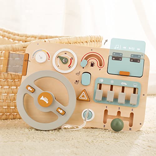 Image of Wooden Montessori Steering Wheel Sensory Activity Board for 1-4 Year Olds, Fine Motor Skills, Travel Busy Board Educational Toys for Boys and Girls