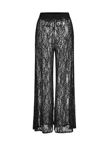 WDIRARA Women's Lace Sheer Mesh Pants High Rise Elastic Waist Trousers Wide Leg Bottoms