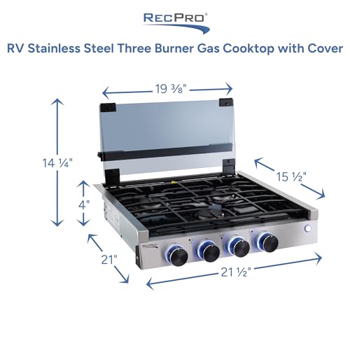 Image of RecPro RV Gas Cooktop, 3 Burner Stainless Steel, 6.5K BTU