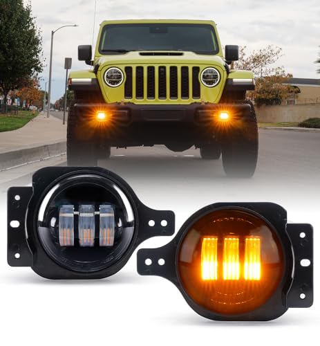 Image of 300% Bright 60W LED Fog Lights 6500K Compatible with 18+ Jeep JL JT, Amber | 2 Light Functions, Angel Eye, Adjustable Angle, Waterproof, Plug N Play, DOT Approved