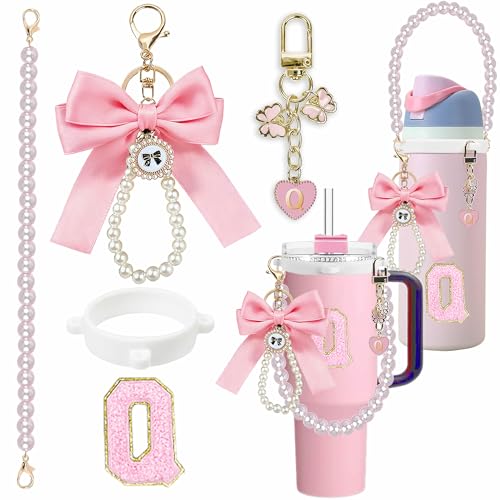 RNFVJH Pearl Handle Strap Accessories for Owala Water Bottle 24oz 30oz 40oz,Bow Charm Keychain & Letter Stickers,Compatible with Owala FreeSip, Kids Water Bottle, Stanley Cup Accessories(Q, Pink)