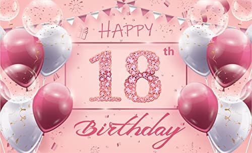 Pink 18 Birthday Party Backdrop Banner Decoration Extra Large Fabric Glitter Diamonds Happy 18th Banner Photo Booth Backdrop Background for Princess Girl Party Supplies and Decorations 185*110CM