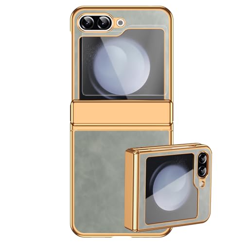 GOUHGKH Case for Samsung Galaxy Z Flip 5, with Screen Protector, Hinge Protection, Nappa Leather, Aristocratic Protective Cover, Gray