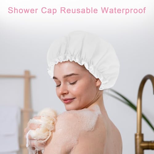 Reusable Shower Caps for Women, Terry Cloth Lined Shower Cap Double Layer Reusable Bath Cap Waterproof Elastic Band Hair Cap for All Hair Lengths for Women Spa Home Salon Use(White)