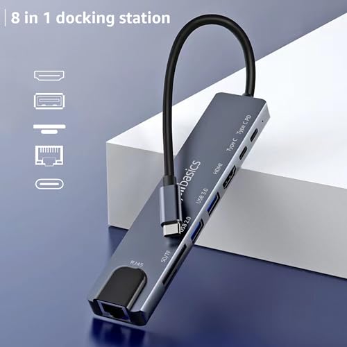 Image of Amazon Basics USB hub 3.0 for Type-c Port,8 in 1 Adapter for pc Accessories with USB-C 4K HDMI SD /TF Ethernet Adaptor HUB for Tablet PC Phone,Compatible with Laptop iPad iPhone MacBook Pro M1 M2
