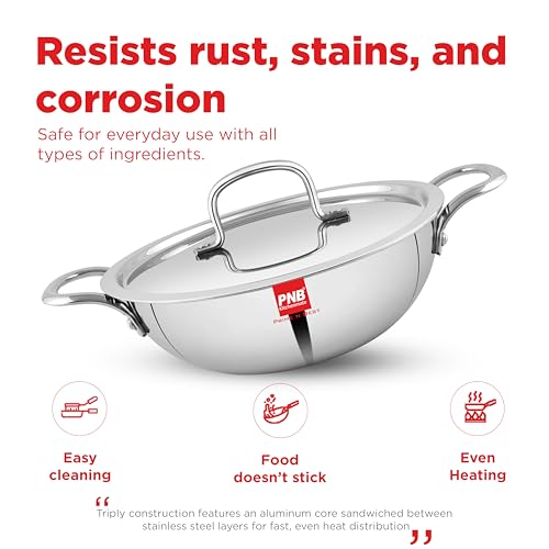 Image of PNB Kitchenmate Extra deep kadai triply- 3.7 Liter| Induction Compatible triply kadai with lid | Stainless Steel cookware | Try ply cookware for Indian Cooking | Dishwasher Safe| 5 Year Warranty