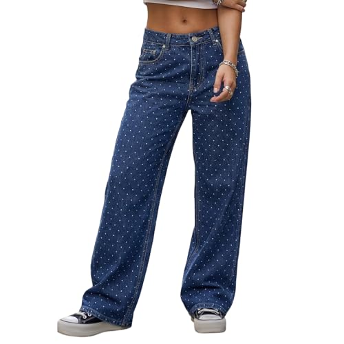 XBTCLXEBCO Polka Dot Jeans Women Y2K Print High Waisted Wide