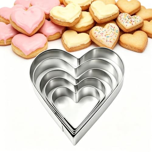 5 Piece Heart Cookie Cutter Set Stainless Steel Heart Cookie Cutter Pastry Cutter for Cookies Fondant Pastry Sandwiches Valentines Day Baking