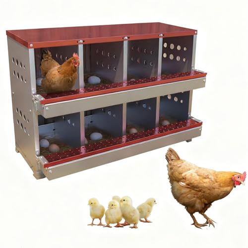Chicken Nesting Box for Laying Eggs, 8 Compartment Galvanized Steel Laying Boxes for Hens with Front Access Tray, Easy Wall Mount, Includes 8 Training
