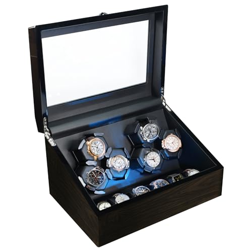 JuviPerpric Watch Winder for Automatic Watches, 6 Automatic Watches with 6 Storages, Blue Backlight and Foam Pad, 4 Rotation Modes Rotating Watch Box (Wood)