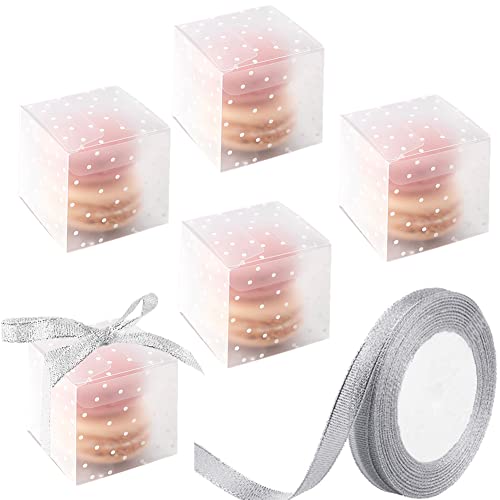Ocmoiy 50 Pack 2 x 2 x 2 Inches Clear Favor Boxes for Favor with Silver Ribbons, Snow Dot Patterned Baby Shower Wedding Birthday Party Favor Candy Boxes Minigift Boxes, Individual Macaron Boxes