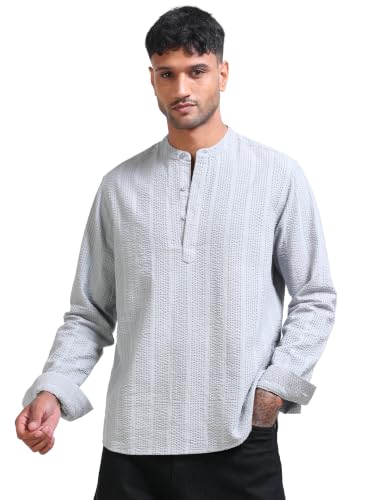 Image of StitchX Men's Seersucker Band Collar Pure Cotton Striped Kurta Shirt-S-2XL