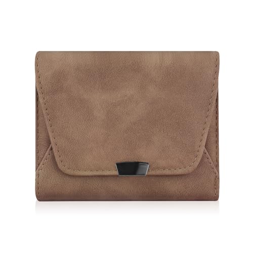 Trifold Wallets for Women, Soft PU Leather Slim Card Wallet Compact Mens Trifold Wallets with Snap Ladies Wallet for Working Traveling Shopping (Brown)