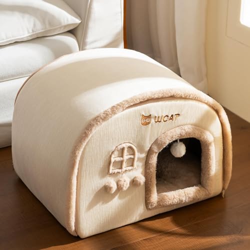 ペットベッド ドーム型 ペットハウス 犬猫用 犬 ベッド 室内 冬用 小型犬 猫ハウス 洗える 猫ベッド 暖かい 犬 ハウス 滑り止め ふわふわ クッション付き ぐっすり眠れる 快適 保温 寒さ対策 (カーキ, M)