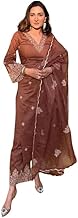 Women’s Viscose Silk Ethnic Suit Set with Dupatta | Brown Embroidered Straight Kurta Set | Elegant Festive Wedding for Women Girls