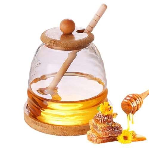 Afenau Tarro para Miel, 500ML Dispensador de MiEl con Cuchara para Miels, Tarritos de Cristal Pequeños con Tapa, Cuchara MIEL Madera, Dosificador de MIEL, Tarro Miels para la Cocina en Casa