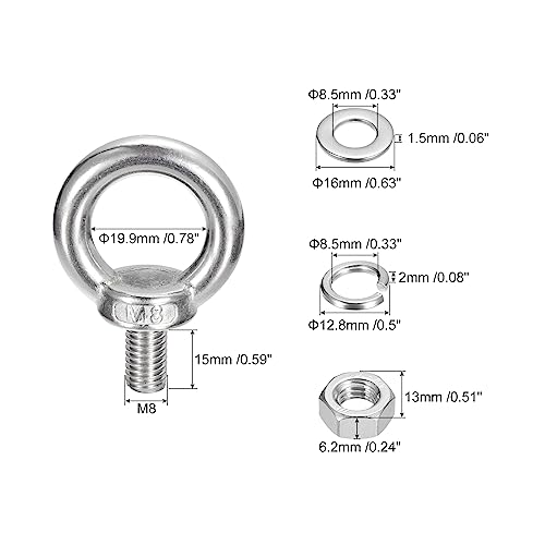 Image of uxcell Lifting Eye Bolt, 2 Sets M8x15mm Eye Bolt with Nut Washer 304 Stainless Steel Shoulder Lifting Ring Eye Bolt for Hanging Item