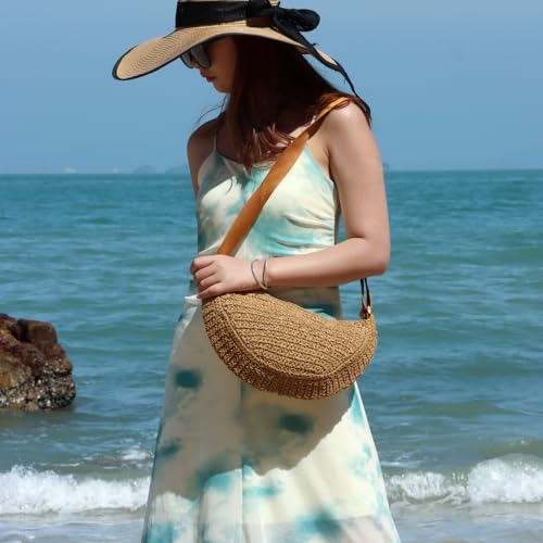 Image of Straw Crossbody Bag for Women, Summer Beach Woven Purses Hobo Dumpling Bag Casual Shoulder Bag Crochet Purse