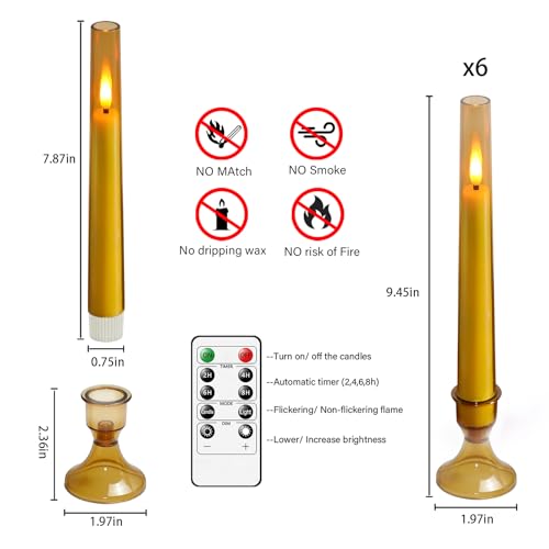Image of LTETTES 6 PC Acrylic Flameless Taper Candles with Remote | Gold Battery Operated LED Candles with Timer | Flickering Light | Heat-Resistant | Safe for Pets & Kids | Table, Window & Wedding Decor