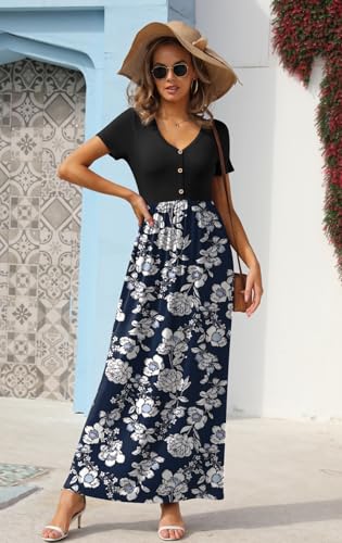 Image of GRECERELLE Womens Summer Long Maxi Dresses 2026 Short Sleeve V Neck Casual Button Dress with Pockets