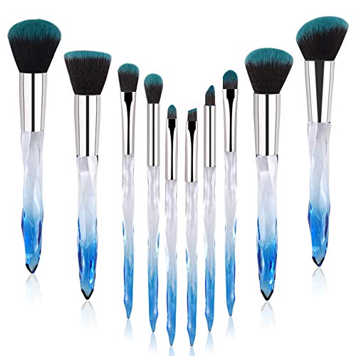 Crystal Makeup Brushes, Premium Synthetic Foundation Blending Blush Powder Eye Shadow Brush Sets with Blue Transparent Handle Special Make-up Tools 10 Count