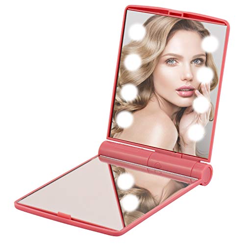 Mirror Makeup Make Mirror With Lights 8 LED Girls Light Gift Small Compact Mirror Cosmetic Portable Illumination Handbag Fold-able Double Face Magnifying Bag (Pink White purple)