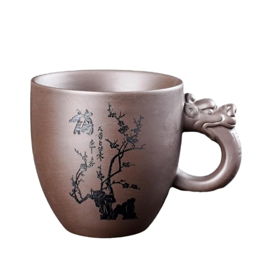 CAPIJIONG Caneca de chá esculpida de argila roxa chinesa de 110 ml, caneca de chá de cerâmica roxa simples para casa, chávena de chá com cabo Hanmei