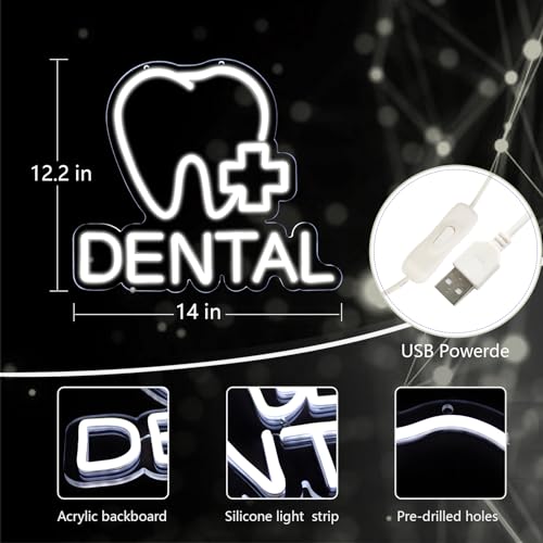 Image of Dental Neon Signs for Wall Decor Neon Lights for Bedroom Led Business Signs Suitable for Dental Clinic Christmas Gift Led Art Wall Hanging Decorative 5V Power Adapter, 12.2 * 14 Inch(White)