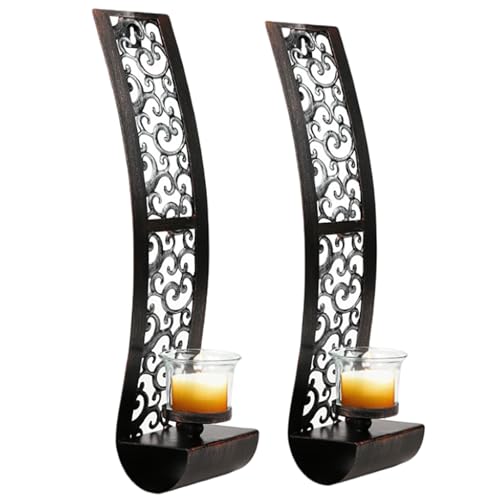 Lot de 2 bougeoirs muraux en métal noir vintage avec protection en verre pour bougies piliers
