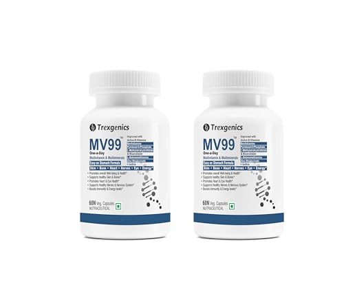 Image of Trexgenics Mv99 Multivitamin One-A-Day Easy On Stomach - Complete Daily All You Need With Multiminerals & Micronutrients For Men & Women (60 Veg. Capsules) (Pack Of 2 Count)
