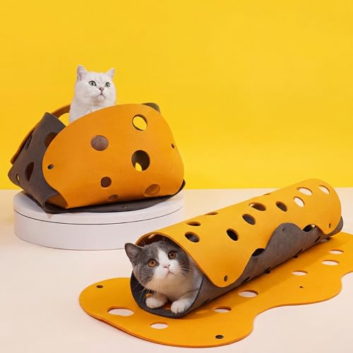 ZEZE Cheese Cat Tunnel for Indoor Cats Felt Peek Hole Hide Tunnel Toy with Snap Buttons Foldable Interactive Cat Play Mat for Hide & Seek and Indoor Enrichment