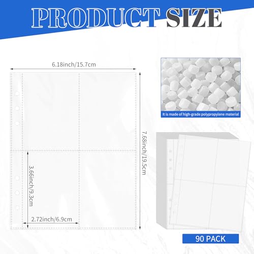 VOKOY 90 Pack Clear Binder Sleeves, Double Sided 4 Pocket Plastic Sleeves Pouch Binder Inserts Refill Sheets Protectors Photo Card Album Page Sticker Organizer for 6 Ring A5 Binder, 720 Pockets