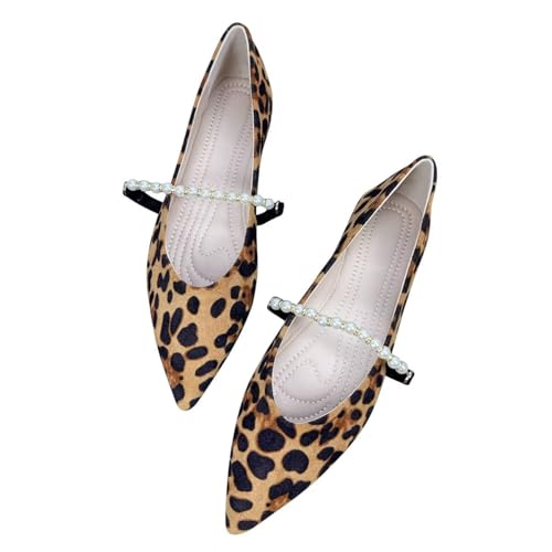 LUXINYU Women Elegant Pearl Strap Suede Mary Jane Flats Pointed Toe Lightweight Ballet Party Dress Shoes