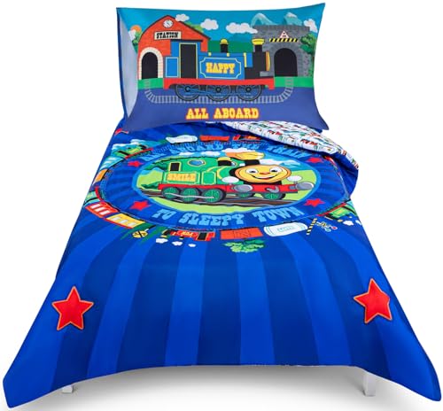 Image of Todays Kids Choo Choo Train Toddler Bed Sheets for Boys - 4-Piece Toddler Boy Bedding Set Crib Size, Reversible Comforter & Pillowcase, Flat Sheet, Fitted Sheet, Breathable & Super Soft Microfiber