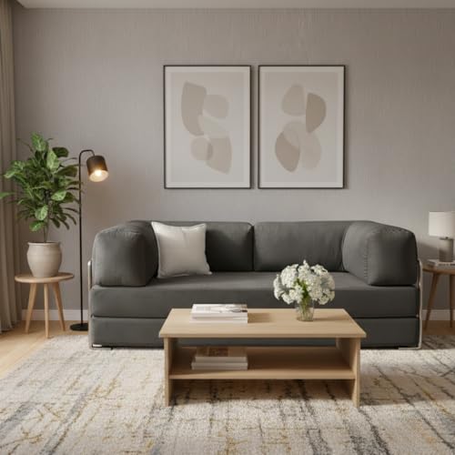 Image of Torque Vegas Three Seater Sofa Cum Bed for Sleeping-Grey | Premium Suede Fabric 3-Seater Double Foam Fold Out Sofas Bed | Convertible 3-in-1 Sofa Cuma Bed for Office