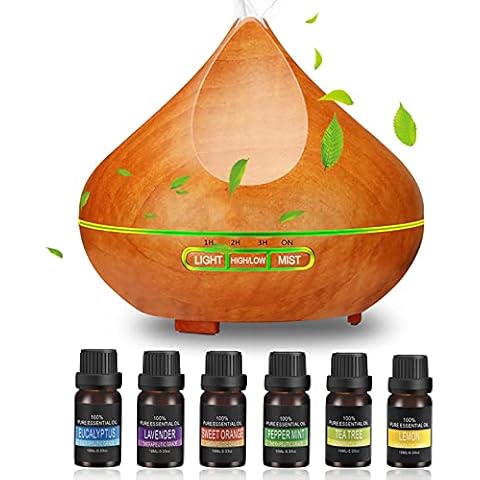 Essential Oils Diffuser gift set, Ultrasonic Aroma Diffuser with 6 Bottles Aroma Oils Cool Mist Humidifier, 300ml Wood Grain for Office, Room, Auto Shut-Off, 4 Modes Time Setting, 7 Color Cover
