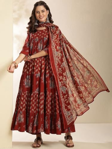 Image of ANNI Designer Viscose Blend Kurta for Women | Kurti Set Woman | Anarkali Kurta with Pant & Dupatta | Black Floral Hand Block Printed Suit | Ethnic Indian Outfit Party Office Traditional Fashion Wear