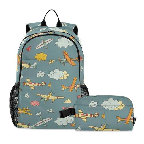 linqin Colorful Retro Planes Backpack with Lunchbox for Boys School Backpacks for Girls with Lunch Box Book Bag for Boys age 8-10 years old, Colorful Retro Planes, (11.8 x 6.3 x 18.5) + (9 x 5.1x
