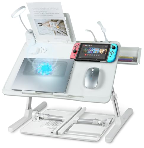 iXTRA Laptop Lap Desk with Cooling Fan - Adjustable with Light, USB, Storage Drawer - Folding Bed Desk,22.04