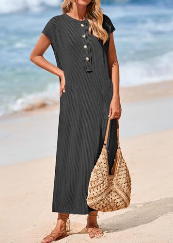 KIRUNDO Womens Summer Dresses Ribbed Knit Henley Short Sleeve Maxi Dress Button Up Loose Slit Beach Vacation Sundress4