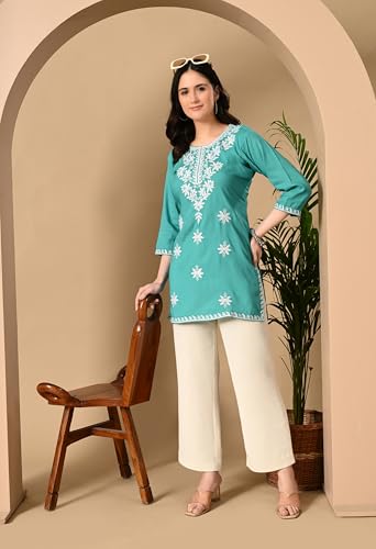 Image of LIBOZA Women's Chikankari Embroidered Short Kurti, Rayon Fabric, Three-Quarter Sleeves, Available in Pink, Black, Mustard Yellow, White, Pista and Green
