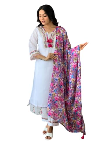 Image of Women's Kurta Set with Floral Print Dupatta, White and Purple
