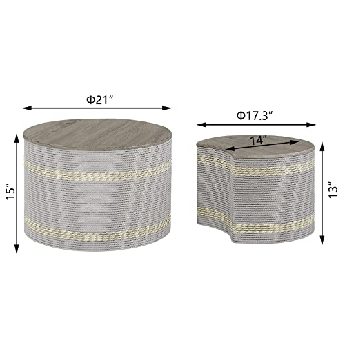 Giofanzo Nesting Coffee Table Set Of 2, Rustic Round Stacking Coffee Tables With Hand Braid Weaving Appearance And Bottom Rubber Pad, No Assembly Required, For Living Room, Bedroom, Small Space (Gray) #TOP1