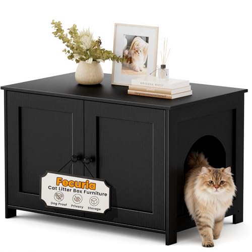 Fecuria Cat Litter Box Enclosure Furniture Dog Proof Hidden Kitty Washroom Cabinet Low Entry Wooden Cat Boxes Enclosure Odor Control for Home Farmhouse Style Decorative TV Stand with Storage Black