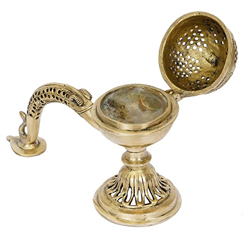 Image of eCraftIndia Golden Brass Dhoop Holder with Handle | Incense Burner for Home Temple Pooja Mandir | Incense Holder Gift for Diwali Housewarming