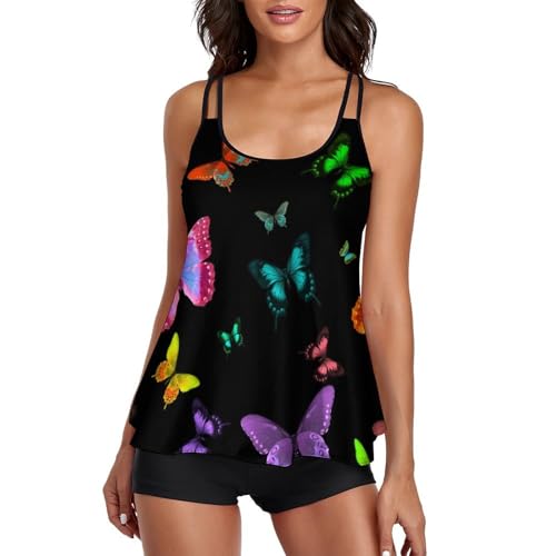 Maillot de bain tankini femme avec short de garçon imprimé papillon