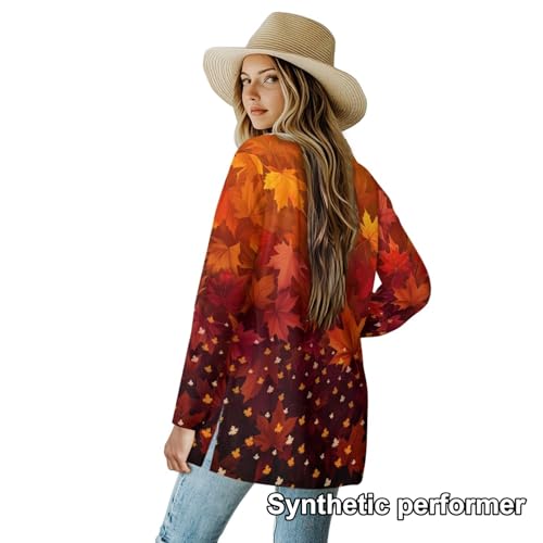 Image of Fall Maple Leaf Cardigan Sweaters for Women Long Sleeve Cardigan Soft Drape Open Front Dusters V-Neck Jackets Dressy