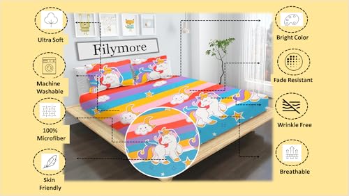 Image of Filymore Unicorn Double bedsheet for Girls Kid bedsheet for Queen Size Bed 240 TC Microfiber Soft Cartoon bedcover for Kids Room (90x90 Inches)(Multicolour)