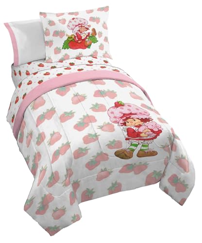 Image of Strawberry Shortcake Twin Comforter Set 5 Piece Kids Bedding, Pink | Bed in a Bag, Comforter Sheets Sham Pillowcase, Official Brand, Soft Microfiber, Machine Washable, Easy Care, Girls Gift