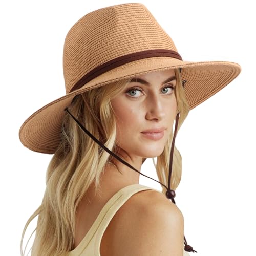 DRESHOW Womens Summer Straw Sun Hat Wide Brim Bucket Hats Fedora Hat Panama Beach Hat with Chin Strap UPF 50+